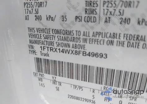 2008 Ford F-150 Stx/Xl/Xlt из США, поврежденный, VIN 1FTRX14WX8FB49693